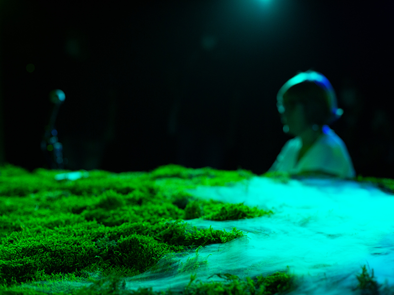 Ein mit Moos, einer rauchenden Schale und anderen Dingen bedeckter Tisch, im Hintergrund eine Person.